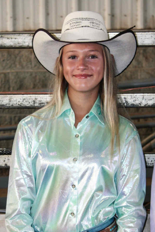 Fast Lane Flash iridescent mint green barrel racing show shirt with button-down closure, long sleeves, and tailored fit, designed for rodeo and arena performance.