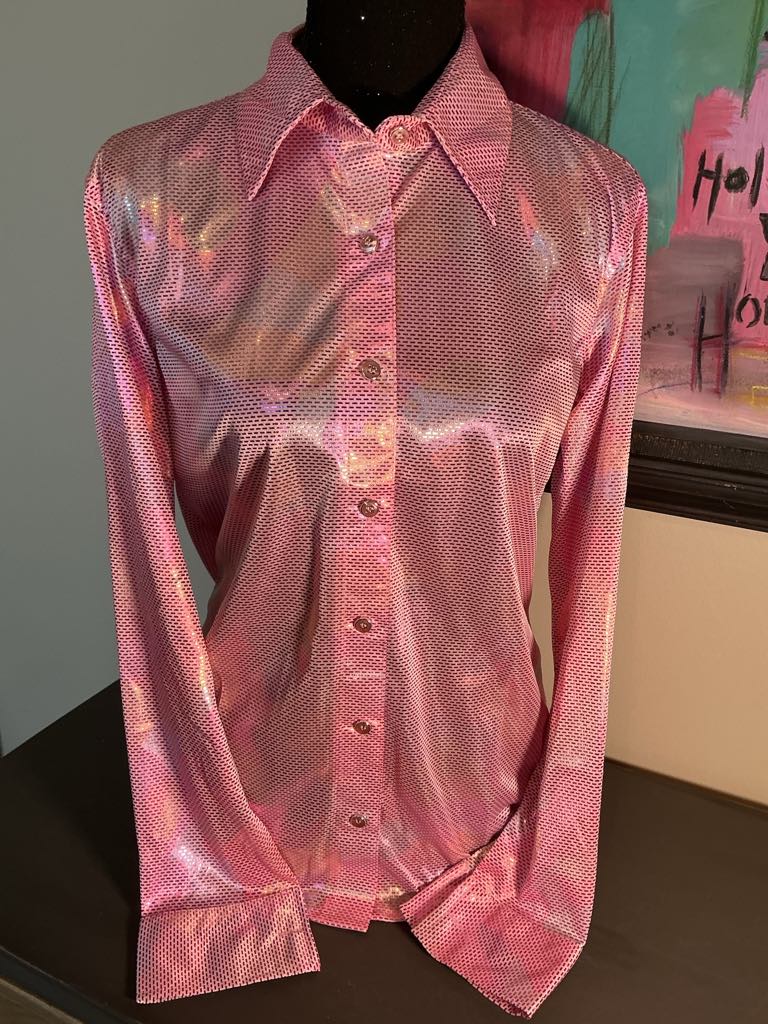 Watermelon pink barrel racing metallic show shirt on a body form.