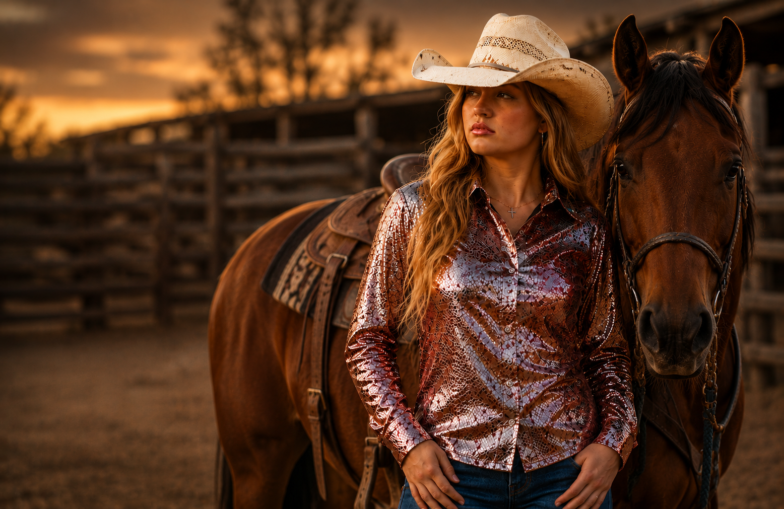 Rider in a copper western show shirt standing beside her horse at golden hour
