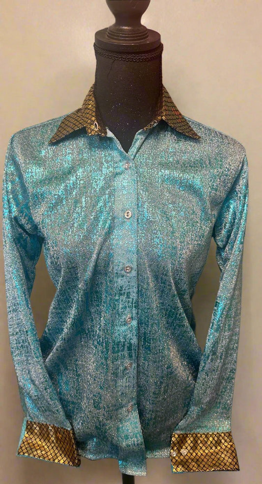 Aqua and Gold Metallic Show Shirt for Barrel Racing