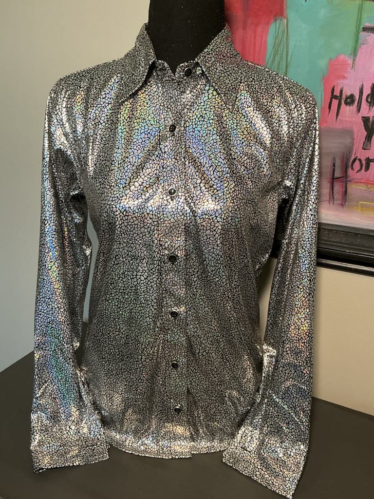 This is a photo of a gorgeous metallic silver and black rodeo show shirt with black button down details.