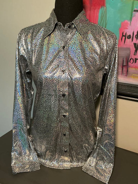 This is a photo of a gorgeous metallic silver and black rodeo show shirt with black button down details.