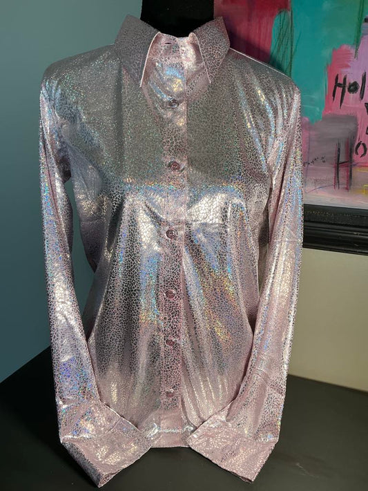 Crafted from a lustrous, light pink metallic fabric, the Cotton Candy Rodeo Show Shirt exudes a bewitching charm