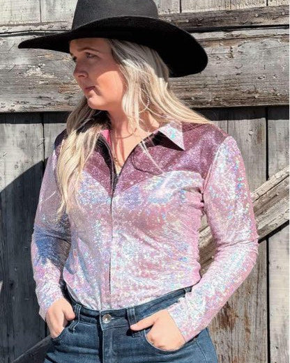 Western-style Pink Pony show shirt featuring metallic shoulders, iridescent fabric on the body, a classic collar, and a tailored fit—perfect for barrel racing and rodeo events.