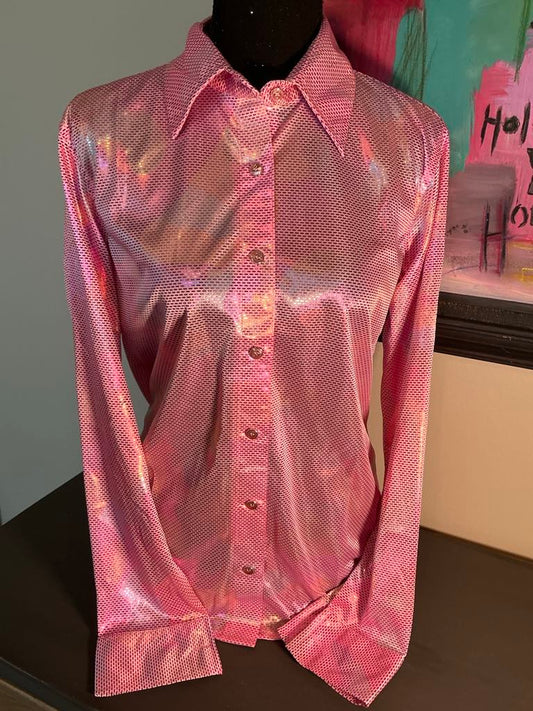 Watermelon pink barrel racing metallic show shirt on a body form.